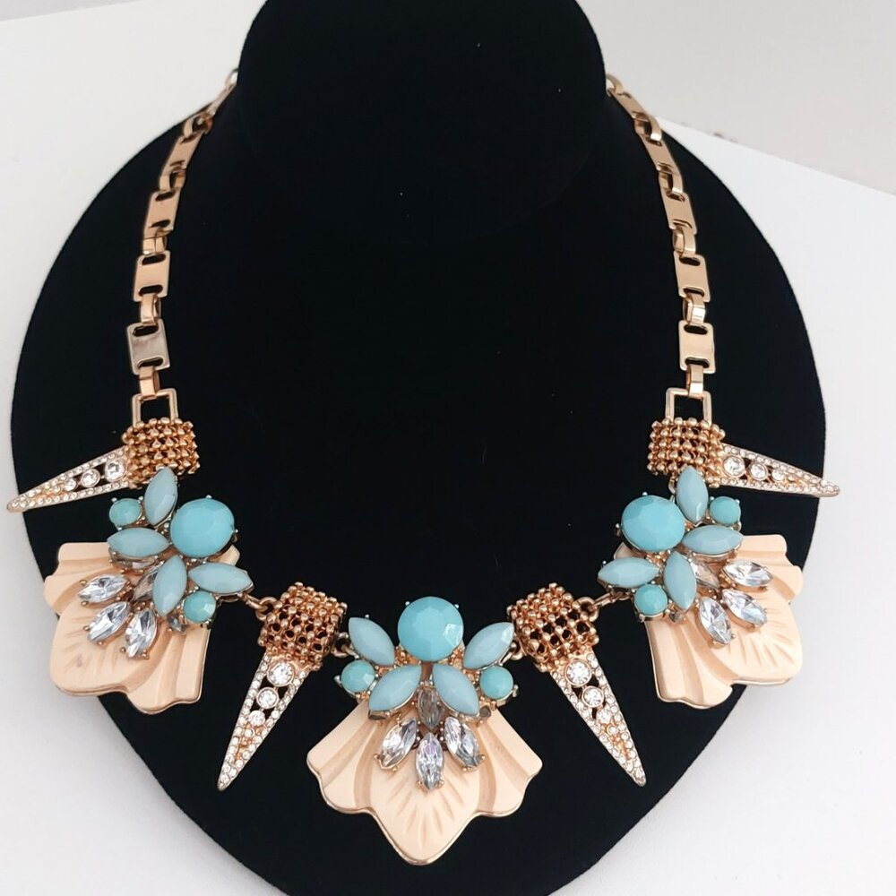 Anthropologie Necklace Pastel Blue Gold Rhinestones Collar Whimsical Statement